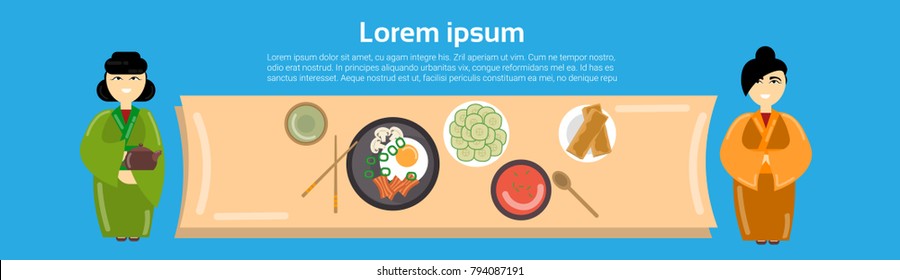 Geisha Women At Asian Food Set Korean Thai Dishes Top Angle View Template Background Horizontal Banner Flat Vector Illustration