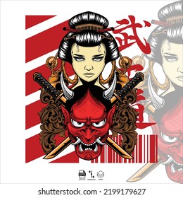 GEISHA X ONI MASK ILLUSTRATION, READY FORMAT EPS 10