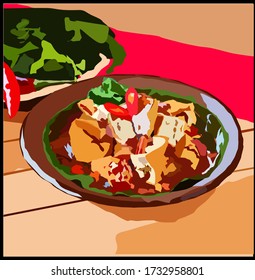 Gejrot Tofu, indonesian traditional food with peanut and chili sauce spicy in brown plate in vector