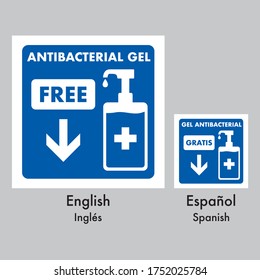 Gel antibacterial here free signage, 2 idioms, english and spanish