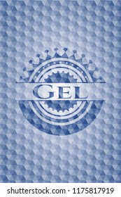 Gel blue emblem with geometric pattern background.