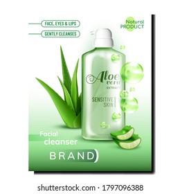 Gel Bottle With Aloe Vera Extract Poster Vector. Facial Cleanser Blank Bottle With Gel For Sensitive Skin, Healthcare Plant And Bubbles On Advertising Banner. Template Realistic 3d Illustration