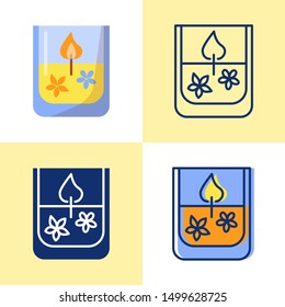 Gel candle icon set in flat and line style. Bright light source with burning flame. Home interior decor. Vector illustration.