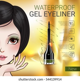 Gel Eyeliner ads. Vector Illustration with Manga style girl and gel eyeliner container.