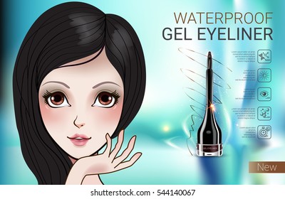 Gel Eyeliner ads. Vector Illustration with Manga style girl and gel eyeliner container.