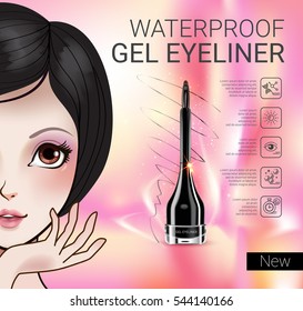 Gel Eyeliner ads. Vector Illustration with Manga style girl and gel eyeliner container.