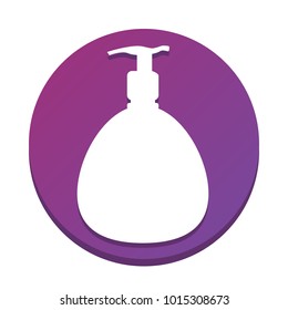 Gel, Foam Or Liquid Soap. Dispenser Pump Plastic Bottle silhouette. Vector. White icon with flat shadow on purpureus circle at white background. Isolated.
