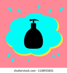 Gel, Foam Or Liquid Soap. Dispenser Pump Plastic Bottle silhouette. Vector. Black icon in a bubble on a pink background