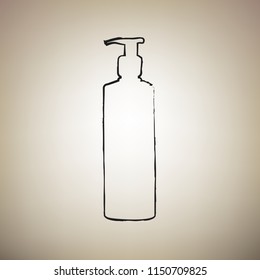 Gel, Foam Or Liquid Soap. Dispenser Pump Plastic Bottle silhouette. Vector. Brush drawed black icon at light brown background.