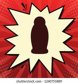 Gel, Foam Or Liquid Soap. Dispenser Pump Plastic Bottle silhouette. Vector. Dark red icon in lemon chiffon shutter bubble at red popart background with rays.