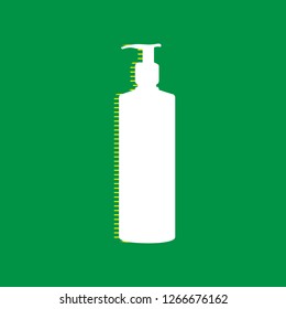 Gel, Foam Or Liquid Soap. Dispenser Pump Plastic Bottle silhouette. Vector. White flat icon with yellow striped shadow at green background.