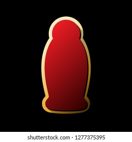 Gel, Foam Or Liquid Soap. Dispenser Pump Plastic Bottle silhouette. Vector. Red icon with small black and limitless shadows at golden sticker on black background.