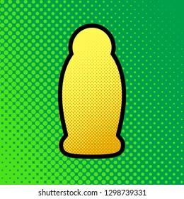 Gel, Foam Or Liquid Soap. Dispenser Pump Plastic Bottle silhouette. Vector. Pop art orange to yellow dots-gradient icon with black contour at greenish background.