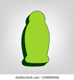 Gel, Foam Or Liquid Soap. Dispenser Pump Plastic Bottle silhouette. Vector. Yellow green solid icon with dark green external body at light colored background.