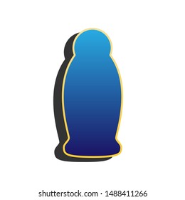 Gel, Foam, Liquid Soap. Dispenser Pump Plastic Bottle. Blue icon with gold contour with dark gray shadow at white background. Illustration.