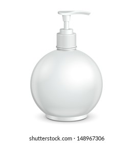 Gel, Foam Or Liquid Soap Dispenser Pump Round Plastic Bottle White. Ready For Your Design. Product Packing Vector EPS10 