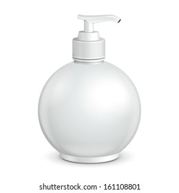 Gel, Foam Or Liquid Soap Dispenser Pump Round Plastic Bottle White. Ready For Your Design. Product Packing Vector EPS10 