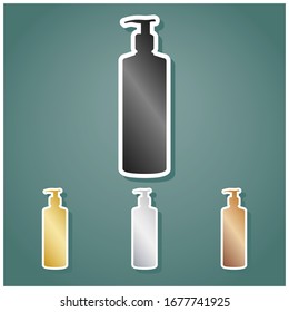 Gel, Foam, Liquid Soap. Dispenser Pump Plastic Bottle. Set of metallic Icons with gray, gold, silver and bronze gradient with white contour and shadow at viridan background. Illustration.