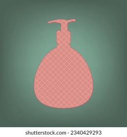 Gel, Foam, Liquid Soap. Dispenser Pump Plastic Bottle. Apricot Icon with Brick Red parquet floor graphic pattern on a Ebony background. Feldgrau. Green. Illustration.
