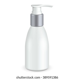 Gel, Foam Or Liquid Soap Dispenser Pump Plastic Bottle White. Mock Up Products On White Background Isolated. Ready For Your Design. Product Packing. Vector EPS10