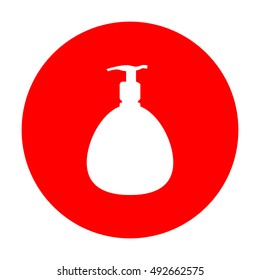 Gel, Foam Or Liquid Soap. Dispenser Pump Plastic Bottle silhouette. White icon on red circle.