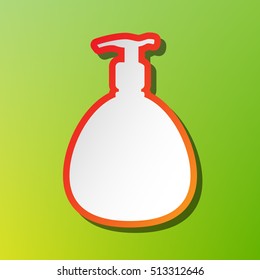 Gel, Foam Or Liquid Soap. Dispenser Pump Plastic Bottle silhouette. Contrast icon with reddish stroke on green backgound.