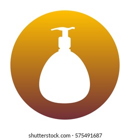 Gel, Foam Or Liquid Soap. Dispenser Pump Plastic Bottle silhouette. White icon in circle with golden gradient as background. Isolated.