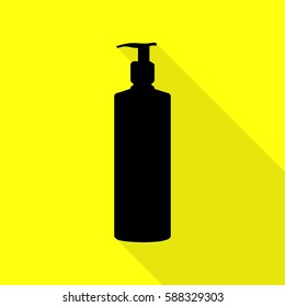 Gel, Foam Or Liquid Soap. Dispenser Pump Plastic Bottle silhouette. Black icon with flat style shadow path on yellow background.