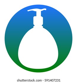 Gel, Foam Or Liquid Soap. Dispenser Pump Plastic Bottle silhouette. Vector. White icon in bluish circle on white background. Isolated.