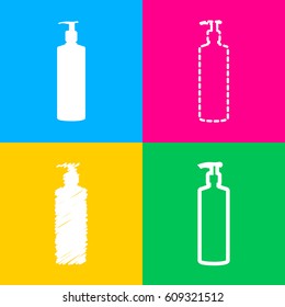 Gel, Foam Or Liquid Soap. Dispenser Pump Plastic Bottle silhouette. Four styles of icon on four color squares.