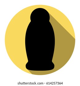 Gel, Foam Or Liquid Soap. Dispenser Pump Plastic Bottle silhouette. Vector. Flat black icon with flat shadow on royal yellow circle with white background. Isolated.