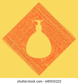 Gel, Foam Or Liquid Soap. Dispenser Pump Plastic Bottle silhouette. Vector. Red scribble icon obtained as a result of subtraction rhomb and path. Royal yellow background.