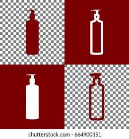 Gel, Foam Or Liquid Soap. Dispenser Pump Plastic Bottle silhouette. Vector. Bordo and white icons and line icons on chess board with transparent background.