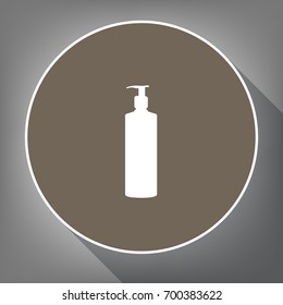Gel, Foam Or Liquid Soap. Dispenser Pump Plastic Bottle silhouette. Vector. White icon on brown circle with white contour and long shadow at gray background. Like top view on postament.