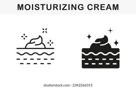 Gel, Foam, Mousse, Daily or Night Cream, Soap on Human Skin Pictogram. Skin Moisturizing Cream Line and Silhouette Icon Set. Sunscreen, Sun Block Symbol Collection. Isolated Vector Illustration.