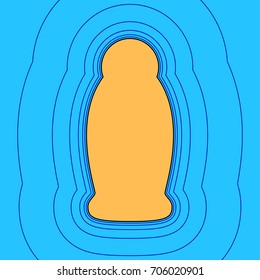 Gel, Foam. Vector. Sand color icon with black contour and equidistant blue contours like field at sky blue background. Like waves on map - island in ocean or sea.