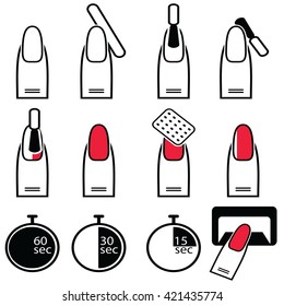 Gel and hybrid  nails preparation process, lacquer up, and protection process under uv and led lamp icon set in black and white and red
