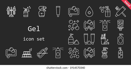 gel icon set. line icon style. gel related icons such as alcohol, shampoo, foam, bottles, toothbrush, bottle, dispenser, toothpaste, tooth paste, hairspray, tubes, spray bottle, soap