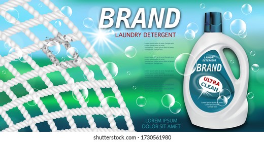 Gel laundry detergent advertising. Package design for Liquid Detergents ads with plastic bottle and fabric fiber enlarged image. Branded bleach, fabric softener, conditioner. Vector illustration.