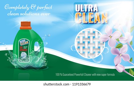 Gel laundry detergent advertising template with flower or floral border. Vector illustration.