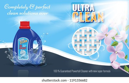Gel laundry detergent advertising template with flower or floral border. Vector illustration.