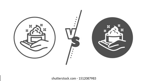 Gel or lotion sign. Versus concept. Skin care cream line icon. Hand symbol. Line vs classic skin care icon. Vector