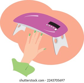 Gel nails are being illuminated by UV nail lamp machine. vector illustration.