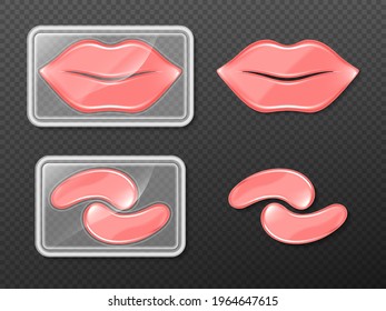 Gel patches for lips and eyes, cosmetics beauty products for facial care and spa treatment in package, moisturizing collagen lifting for women cosmetic procedures and hygiene, Realistic 3d vector set