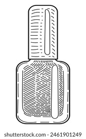 Gel polish for nails line art. Manicure tool. Closed bottle with a brush. Hand drawn vector sketch illustration. Decorative cosmetics.