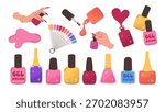 Gel polish set. Gel polish bottles in various shapes and colors. Nail care coating. Vector flat illustrations
