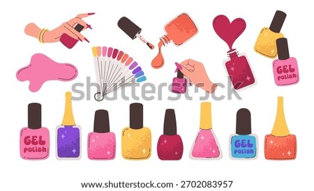 Gel polish set. Gel polish bottles in various shapes and colors. Nail care coating. Vector flat illustrations