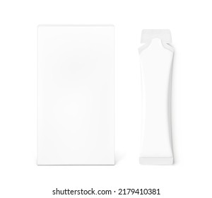 Gel sachet mockup with box. Vector illustration isolated on white background. Easy to use for food, medical, cosmetic and etc. EPS10.	