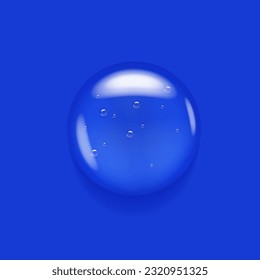 Gel serum drop. Transparent cosmetic oil texture on blue background. Liquid skincare realistic glycerin fluid