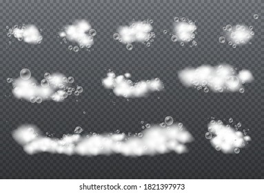 Las burbujas de gel o de champú superponen la textura de suds, espuma de jabón aislada sobre fondo transparente, conjunto de espuma de baño con burbujas de champú y jabón, ilustración vectorial, eps 10.
